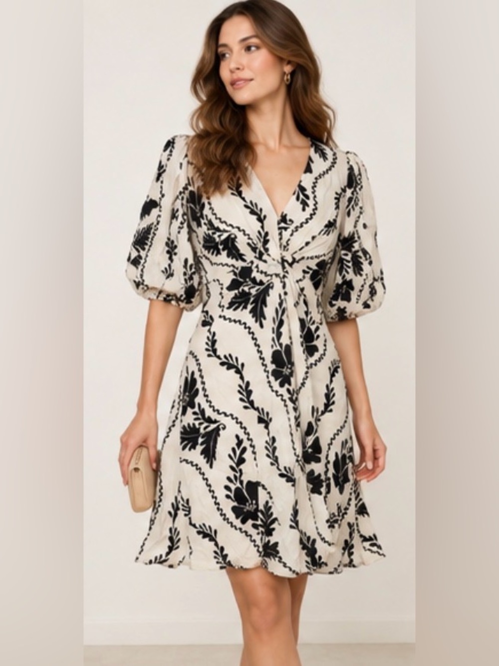 White Closet Elements Black & White Floral Linen Blend Twist Front Dress Size M
